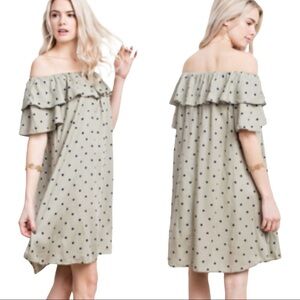 POLKADOT RUFFLED OFF SHOULDER WOVEN DRESS
